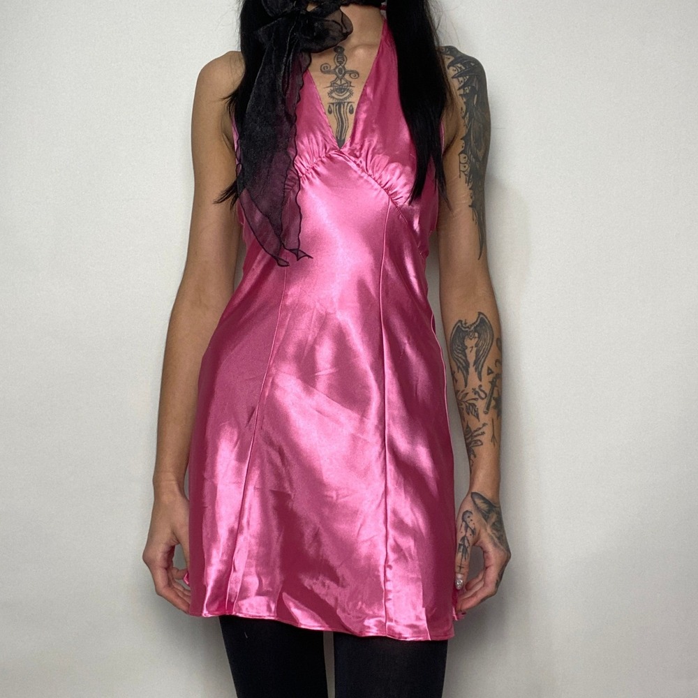 Frederick's of Hollywood Hot Pink Satin Halter Mini Slip Dress Chemise Size XS